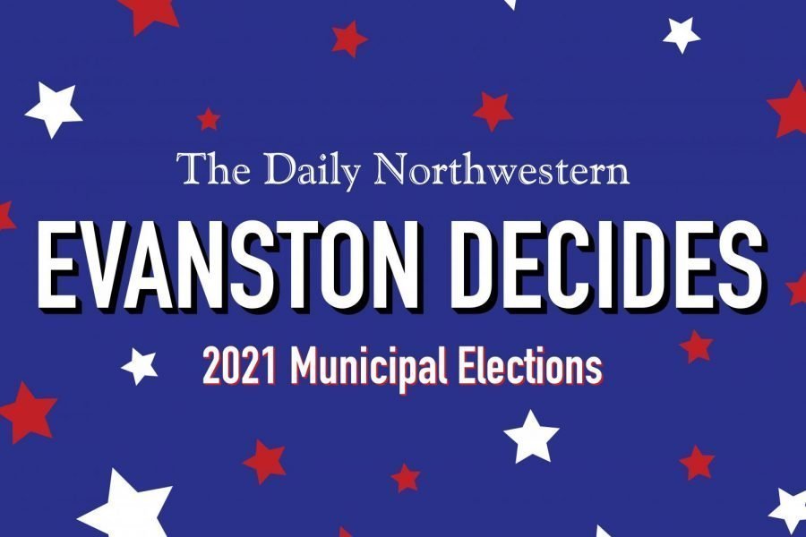 A graphic illustration. A blue background with white and red stars. Text that reads “The Daily Northwestern Evanston Decides 2021 Municipal Elections” in white.