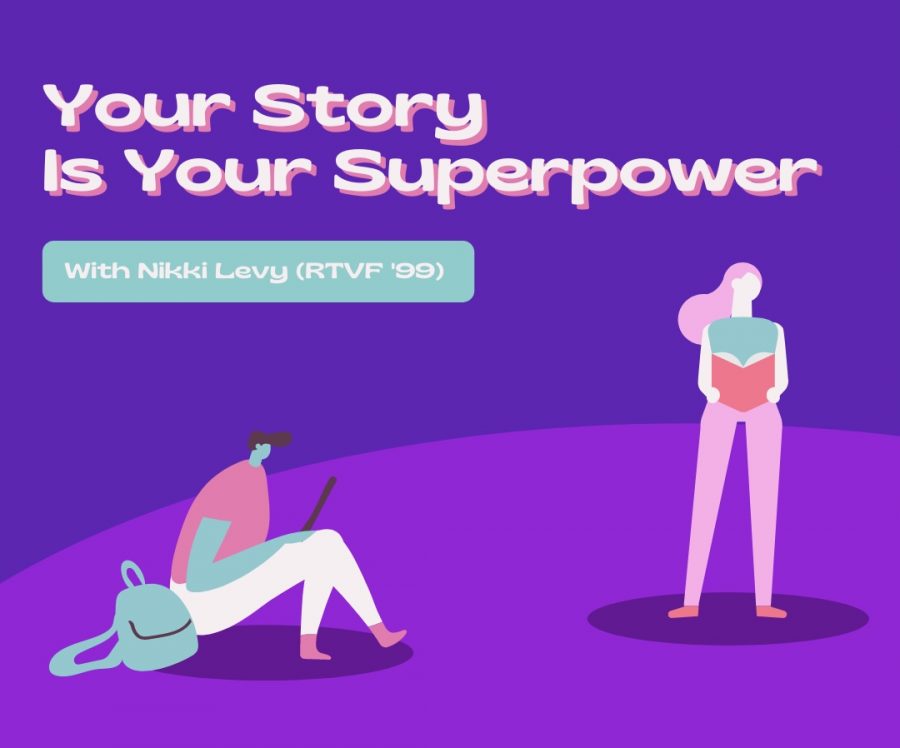 A purple background featuring two women, one holding a book and the other a laptop. Above the two, shows the title of the event, “Your story is your superpower,” in a large, pink font.
