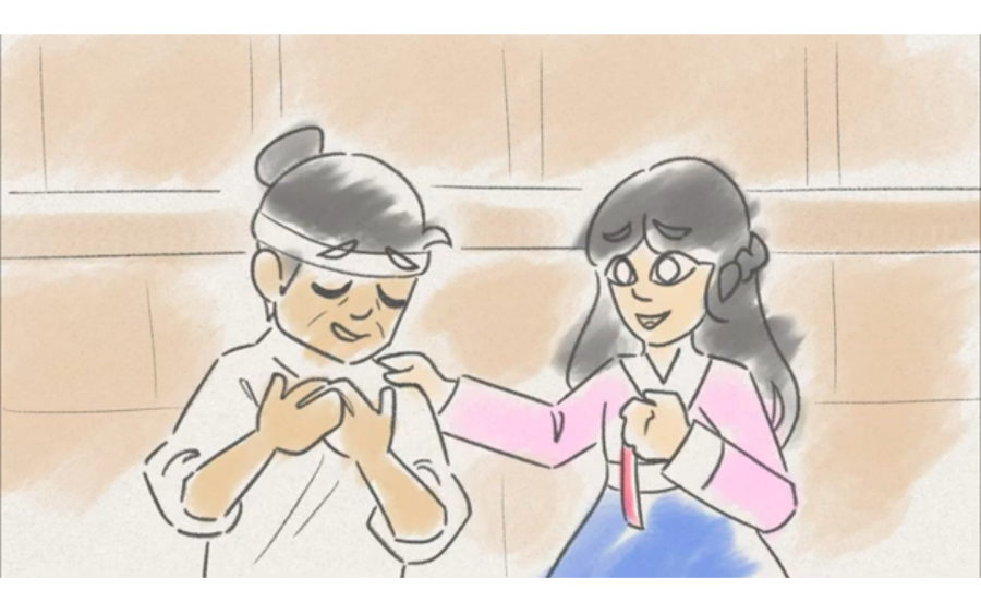 A digitally sketched illustration shows a girl in a pink top and blue skirt with her hand on a man’s shoulder. The man is wearing all white and has his hands over his heart. The background of the image is a brown panelling.