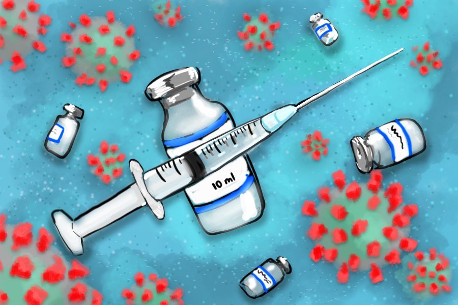 A blue background and multiple illustrations of the COVID-19 virus around the screen depicted as green circles with red spikes. There are multiple vials of the COVID-19 vaccine in the graphic with a large vial at the center with a large needle at the center of the image in front of the largest vial.