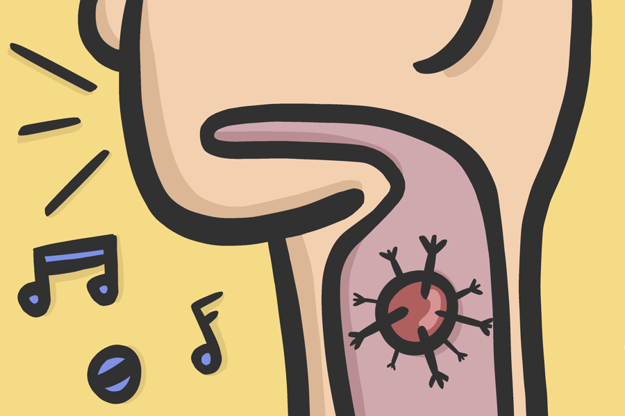 Graphic of a person singing. Only the bottom half of their face is visible and musical notes can be found at the bottom-left portion of the graphic. Their larynx is also visible, and a cartoon design of the COVID-19 virus can be seen inside it.