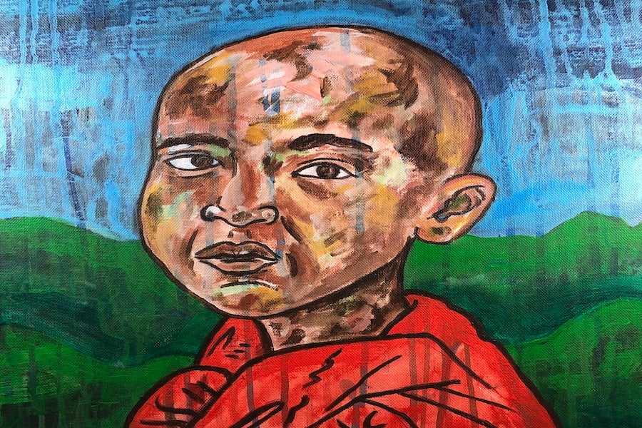 A painting of a Burmese monk looking straight at the audience and wearing orange cloth. The background has a blue sky and green hills.