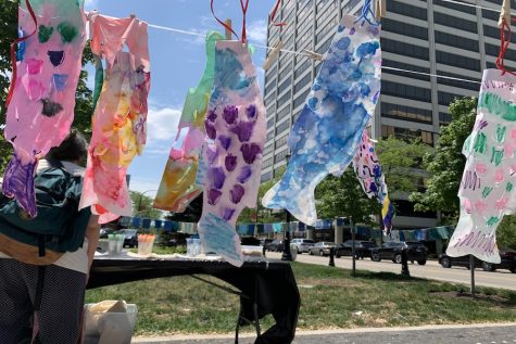 Multi-colored carp cutouts hang on clothespins in downtown Evanston.