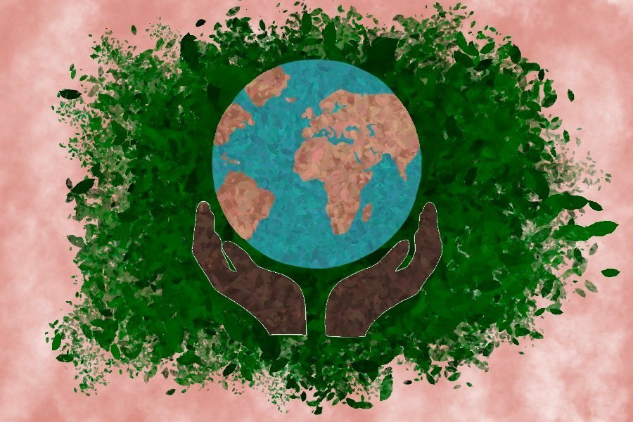The shape of two hands wraps around a globe against a light pink background. The globe is also surrounded by leaves.