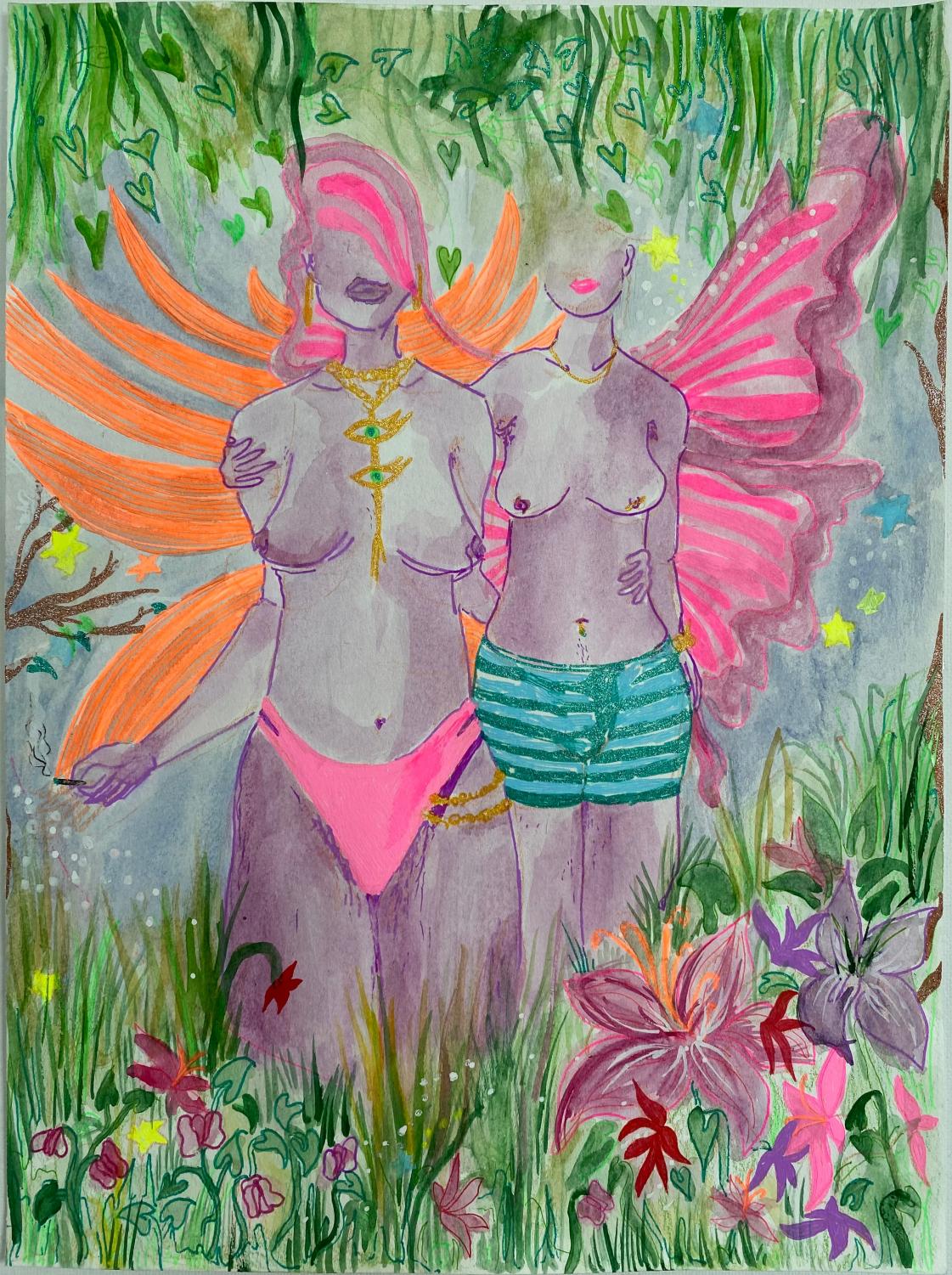 Two+topless+winged+figures+face+forward.+They+are+surrounded+by+flowers.