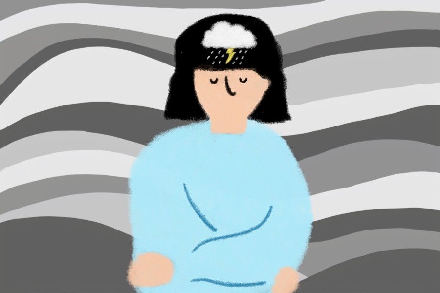Illustration of a girl with a black bob haircut and a light blue shirt. On her head is a small thundercloud with lightning and rain falling. Behind her are waves of light and dark gray and white.