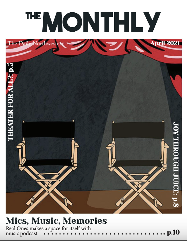 Two directors chairs set against an empty stage. The Monthly is written above them.
