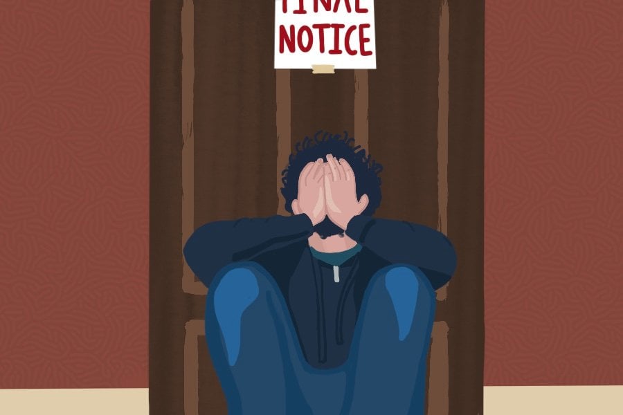 Illustration of a person with dark curly hair, wearing a blue hoodie and jeans, sitting on a front stoop outside of a wooden door with their head in their hands. The door, which is set against a dark red wall, has a sign taped to it reading “final notice” in dark red letters.