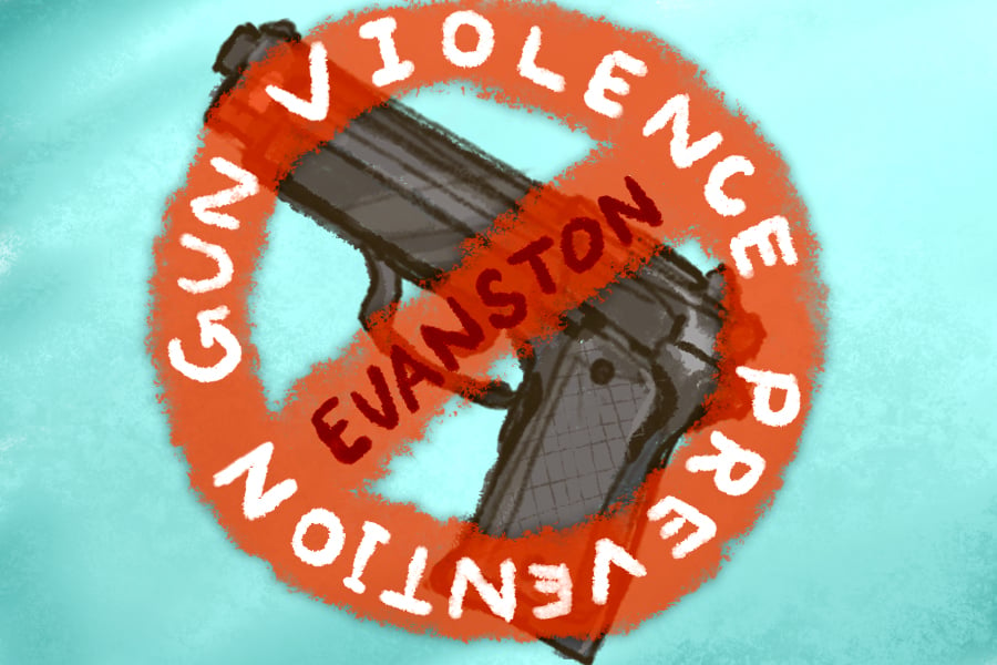 A Black gun with a red cancel symbol over it. The text on the red symbol says “Gun Violence Prevention Evanston.” The background is light blue.