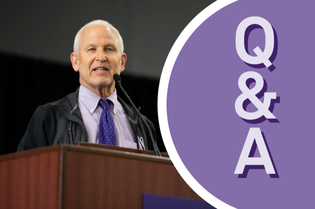 A picture of Morton Schapiro on the left, wearing a purple tie and black suit. On the right side, white letters against a purple background reads: “Q&A.”