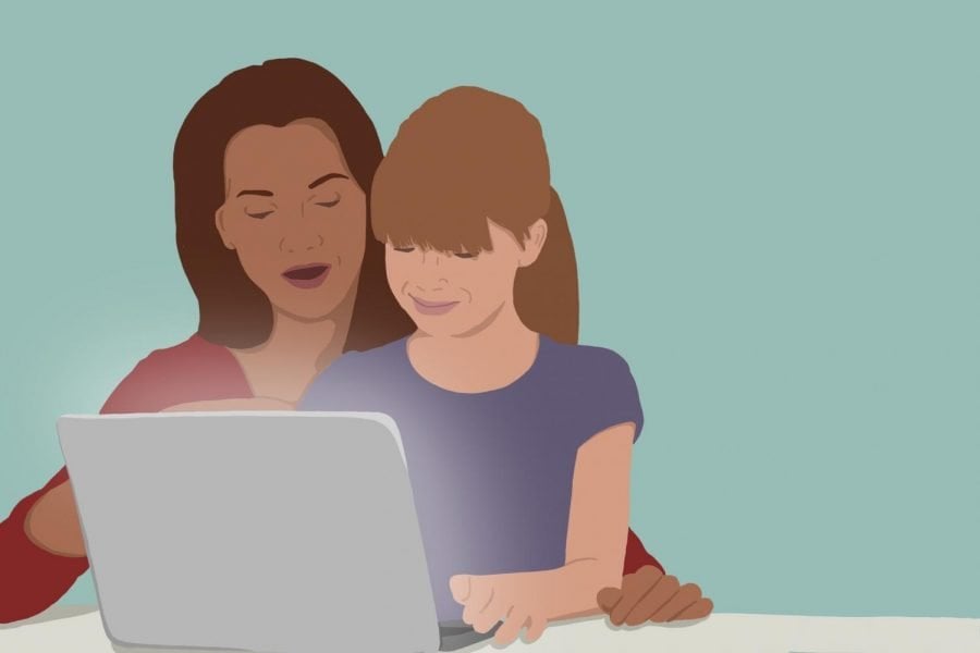 An illustration shows a mother and a child looking at a laptop screen.