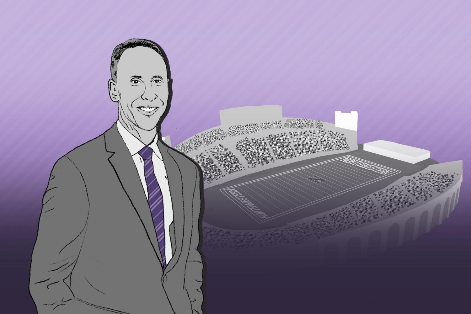 Mike+Polisky+stands+at+the+left+half+of+the+illustration%2C+in+black+and+white+except+for+a+purple+tie.+Behind+him+is+the+Northwestern+stadium+in+gray.+The+background+is+purple+with+darker+purple+stripes.