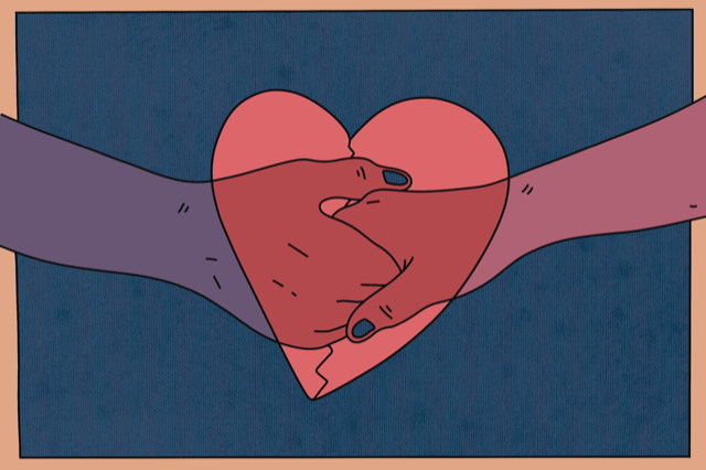 Illustration of two hands shaking inside of a red heart. Background is dark blue.