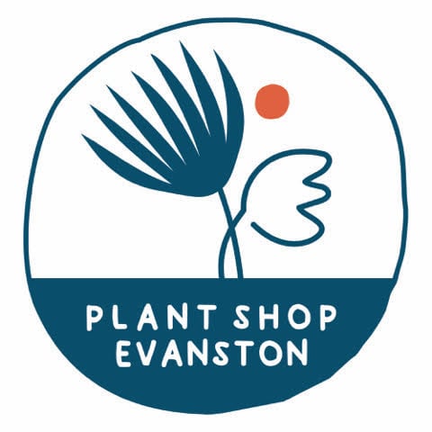 A circle logo. The bottom says “Plant Shop Evanston.” Above it is two plants and an orange dot, resembling a sun.