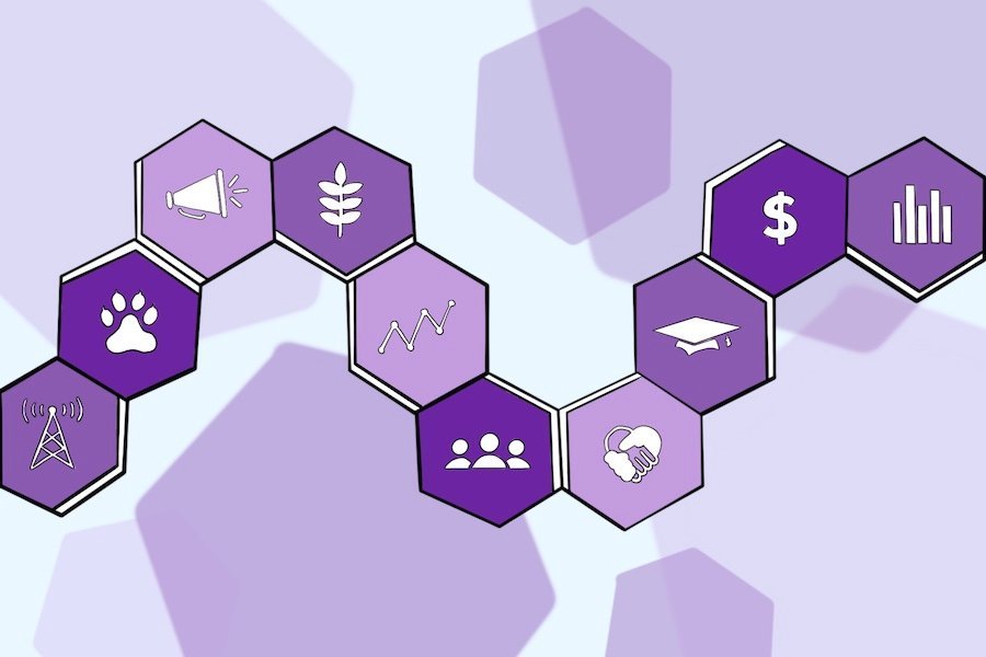 There are ten purple hexagons connected against a purple background with purple hexagonal shadows. Each hexagonal tile has symbols related to Associated Student Government committees.