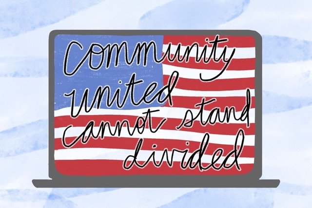 An illustration of a laptop on a blue background. On the screen, it reads “A Community United Cannot Be Divided” in black against an American flag.