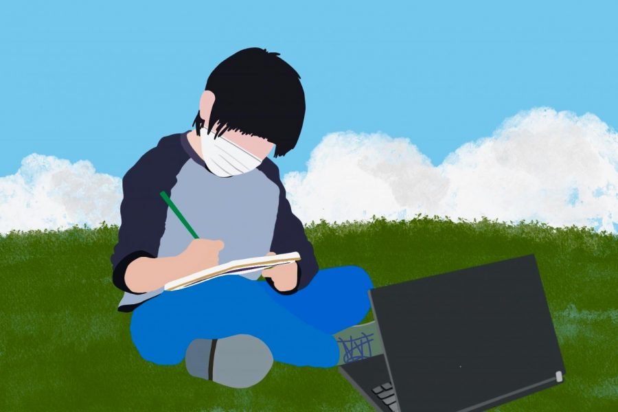 An illustration of a student wearing a mask studying on grass and taking notes, with a laptop in front of him.