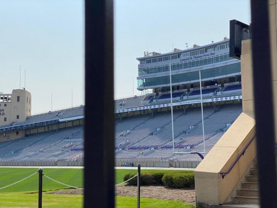 The stands at Ryan Field looming behind a green football field.