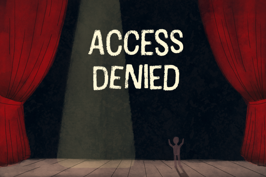 A figure stands on a stage with curtains on each side and the title Access Denied in the background.