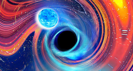 Illustration inspired by the black hole-neutron star merger. A bright blue circle approaches a black hole, surrounded by colorful swirls.