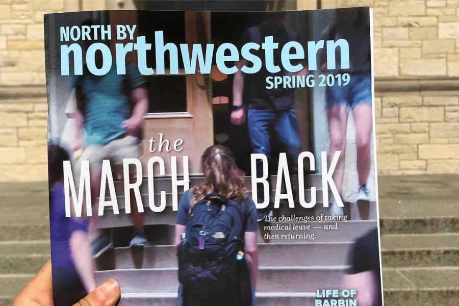 A magazine cover with a student walking up steps and text reading North by Northwestern