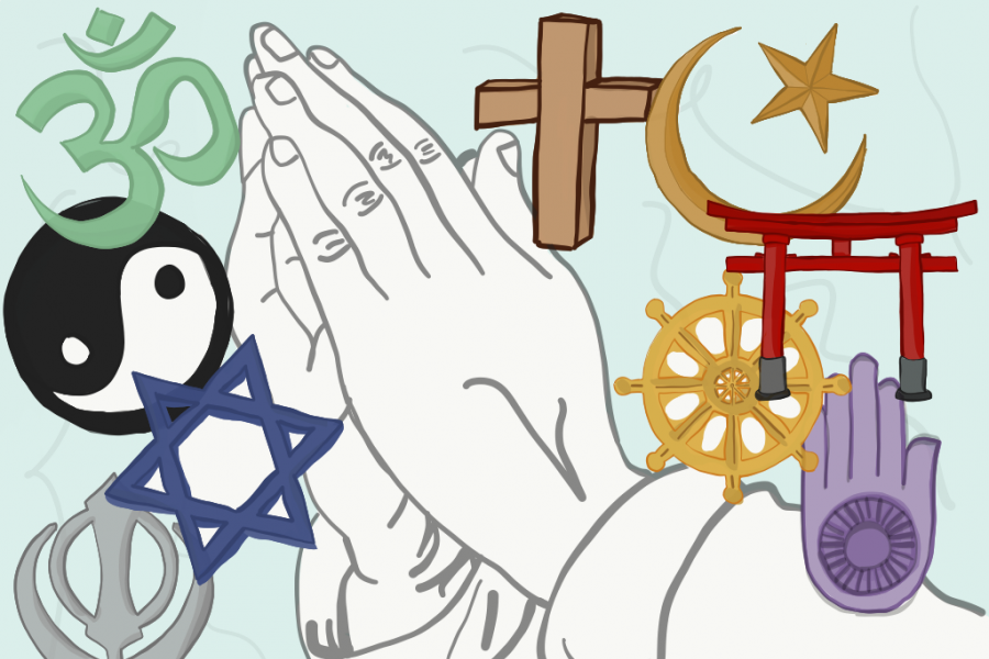 An illustration of two hands pressed together praying with several religious symbols in the background