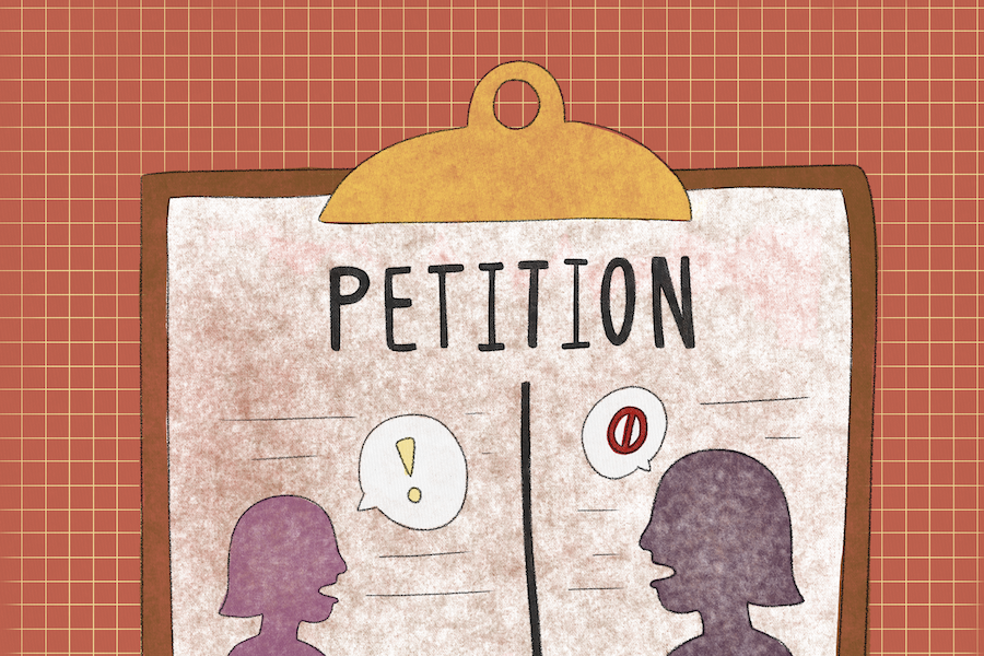 An illustration of a clipboard with the word petition written across the top and drawings of two people conversing, each on either side of a vertical line.