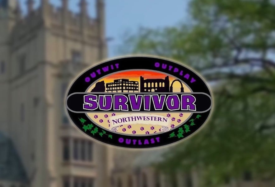 An oval logo with “Survivor Northwestern” written in purple. The oval is outlined in black with the words “Outwit,” “Outplay” and “Outlast.”