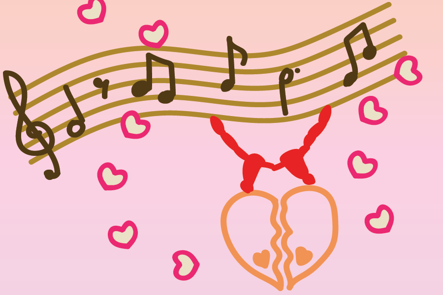 On a pink background, a line of brown music is across the top with an orange broken heart hanging from it.