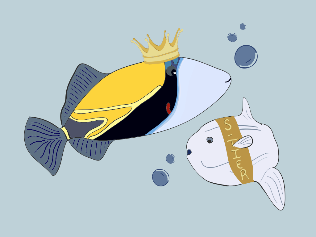 An+illustration+of+two+fish%3A+the+Humuhumunukunuku%C4%81puaa+wearing+a+crown+and+Ocean+Sunfish+wearing+a+sash+reading+S-tier.
