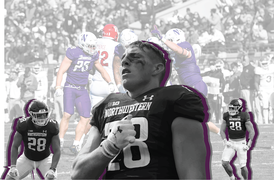 Player with hand on heart, making tackles in purple uniform