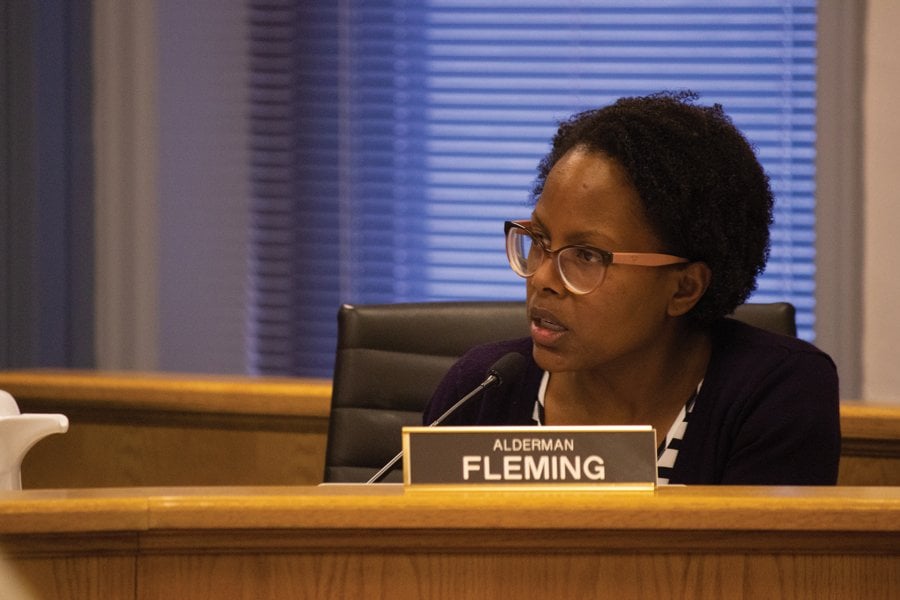 Ald. Cicely Fleming (9th) speaks from behind the dais at a 2020 meeting.