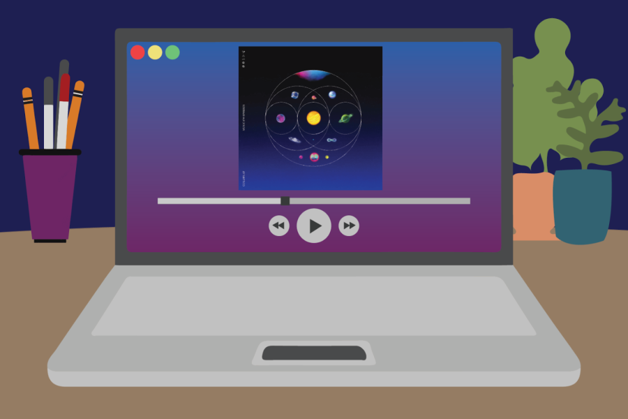 A laptop sits on a desk with pencils and plants. On the screen, the album cover for “Music of the Spheres” is on a blue-and-purple gradient background with a slider and play button.