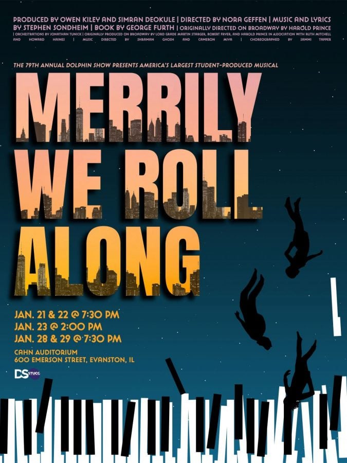 A promotional photo with a keyboard on the bottom. The words “Merrily We Roll Along” are written in an orange-pink shade, with a skyline in the background.