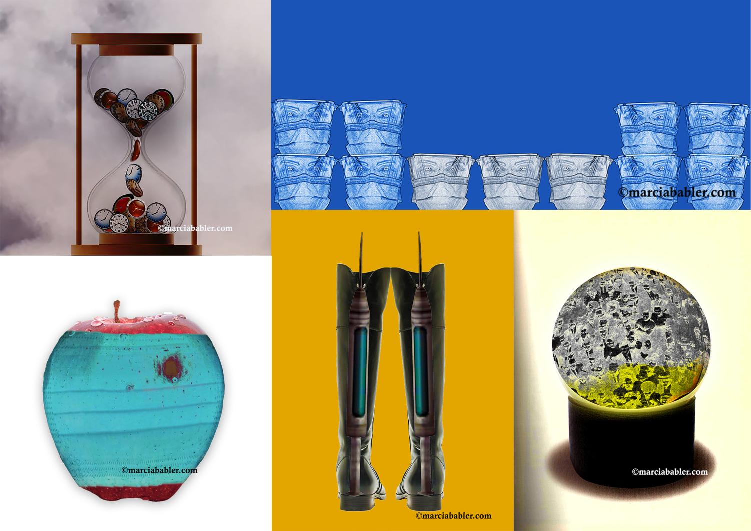 Four+artworks+from+Marcia+Babler%E2%80%99s+virtual+exhibit.+Her+piece+%E2%80%9CIn+Our+Time%E2%80%9D+on+the+top+left+depicts+clocks+moving+through+an+hourglass.+%E2%80%9CBruised%E2%80%9D+on+the+bottom+right+depicts+an+apple+with+a+bloodied+face+mask+over+it.+%E2%80%9CCup+of+Kindness%E2%80%9D+on+the+top+right%2C+depicts+11+cups+with+frontliner+faces+on+them+over+a+blue+background.+%E2%80%9CRe-Boot%E2%80%9D+in+the+bottom+middle+depicts+the+backside+of+a+pair+of+boots+with+a+syringe+protruding+from+the+top.+%E2%80%9CIn+This+Together%E2%80%9D+on+the+bottom+right+depicts+a+crowd+of+people+inside+a+snow+globe.