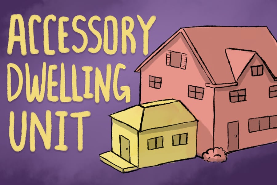 A pink house with a smaller yellow house attached to it, set against a purple background with yellow letters reading “Accessory Dwelling Unit.”
