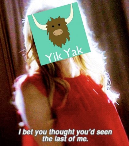 A Yik Yak logo is stuck on a woman's face with the caption, 