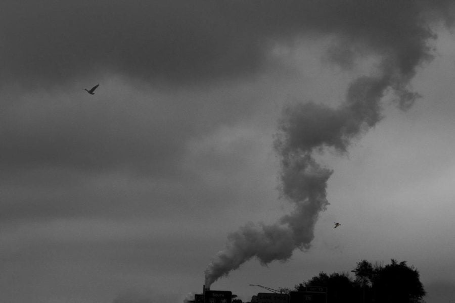 A+trail+of+smoke+snakes+up+into+a+gray+cloud+while+two+birds+fly+around+in+the+distance.+The+photo+is+black+and+white.