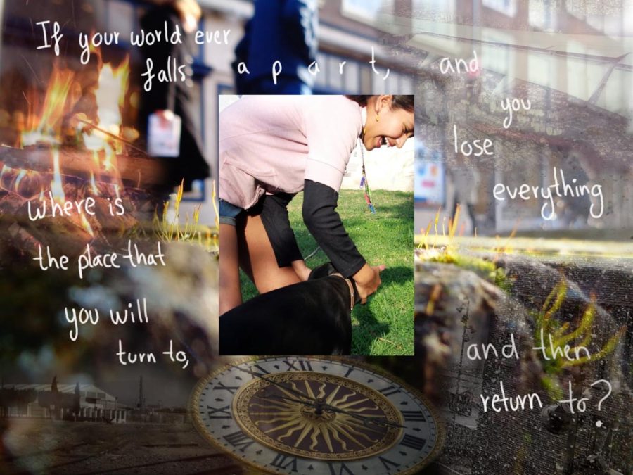 Photos of plants growing out of a sidewalk, fires, railroads surrounded by polluted air, and a clock are edited together to form a collage. A quote from “The Story of More” reads, “If your world ever falls apart, and you lose everything, where is the place that you will turn to, and then return to?” In the center of the collage, Moreno’s younger sister plays with her dog.