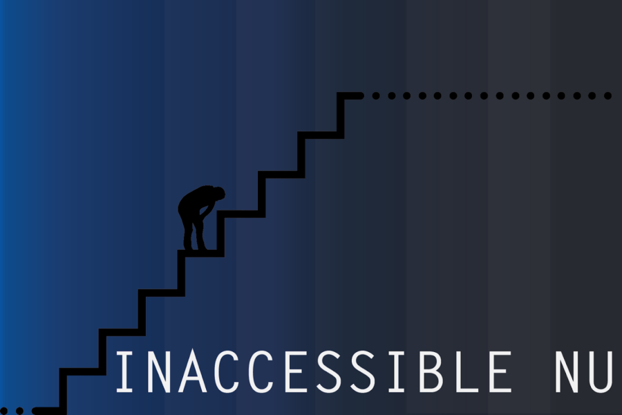 Silhouette of person climbing up stairs. Underneath the stairs are the words “Inaccessible NU” written in capital white letters.