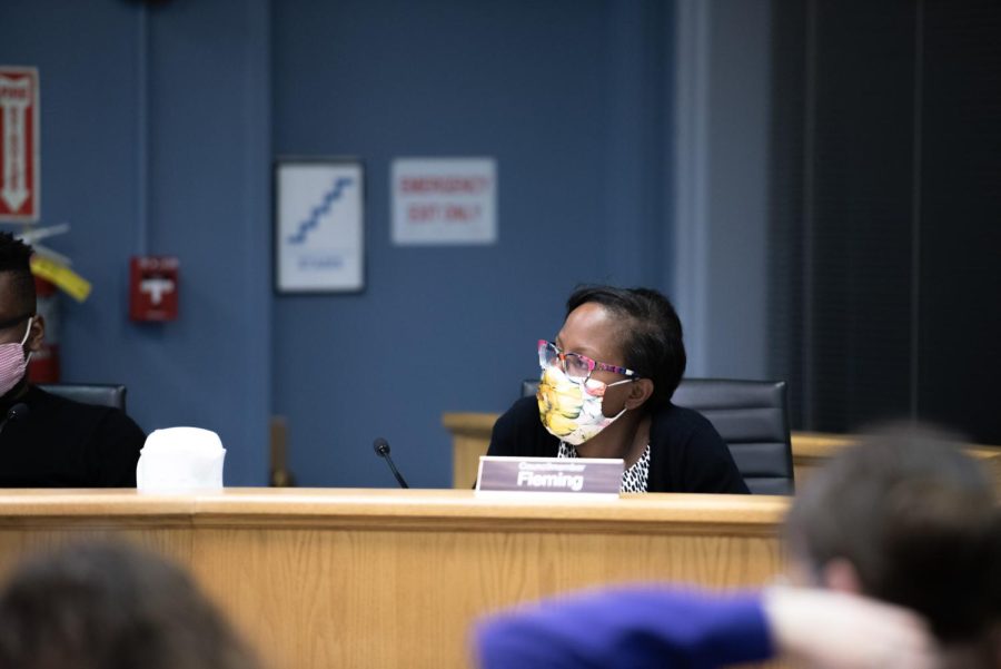 Ald. Cicely Fleming (9th) sits behind the dais in the City Council chamber.