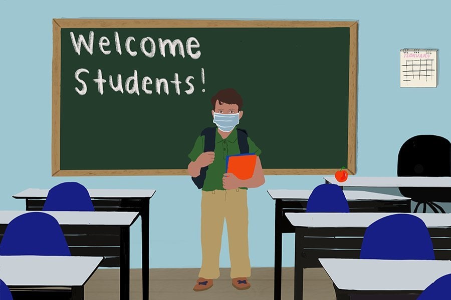 The drawing shows a teacher holding folders and wearing a mask and a backpack. The teacher stands in front of a chalkboard reading “Welcome Students,” but the seats are empty.