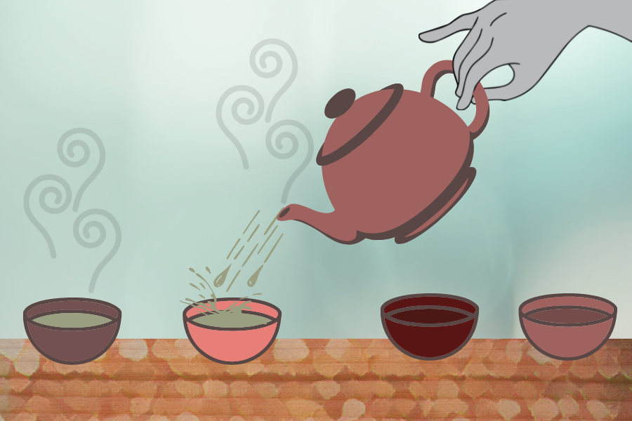 A brick-red teapot pours tea into one of four steaming mugs.
