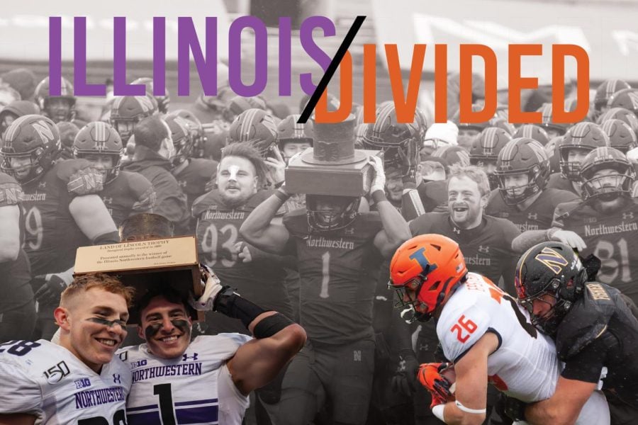 Pictures of football players and orange and purple lettering.