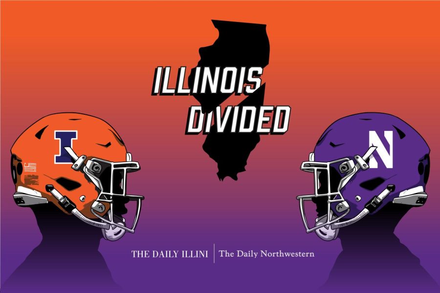 A drawing with two individuals wearing an orange and purple football helmet, with the shape of Illinois with the text Illinois Divided in the middle.