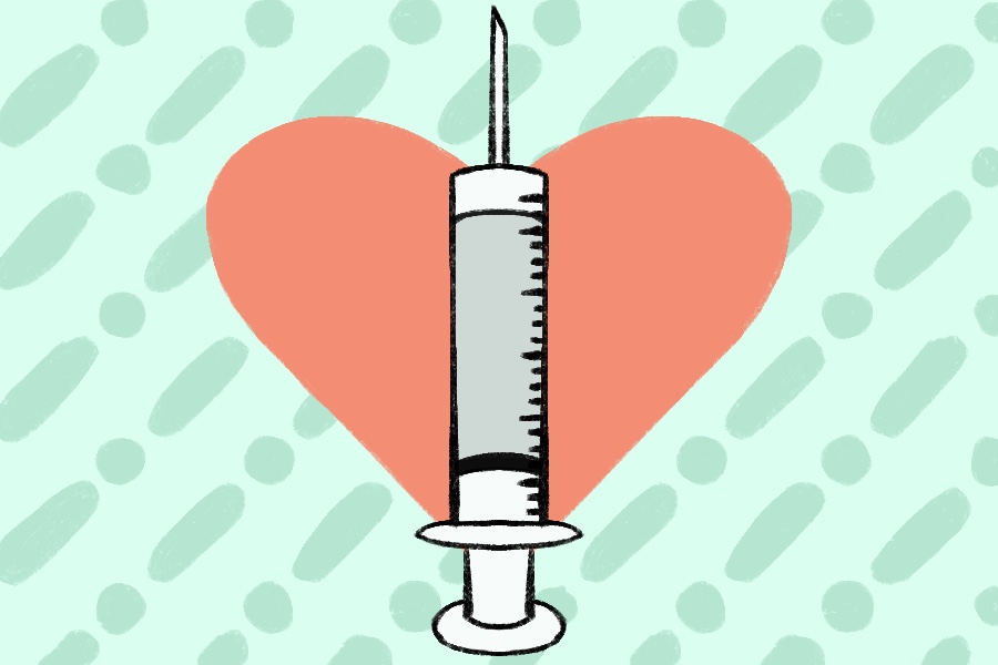 An illustration of a vaccine needle is on a red heart on a green background.