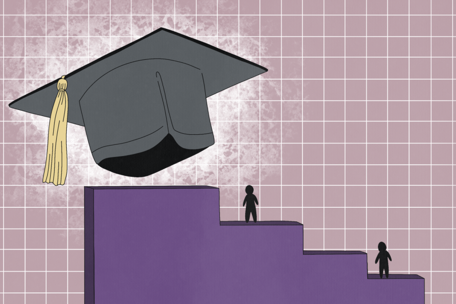 Two darkened figures climb up a staircase with a large graduation cap at the top. One figure is two steps of stairs ahead of the other.
