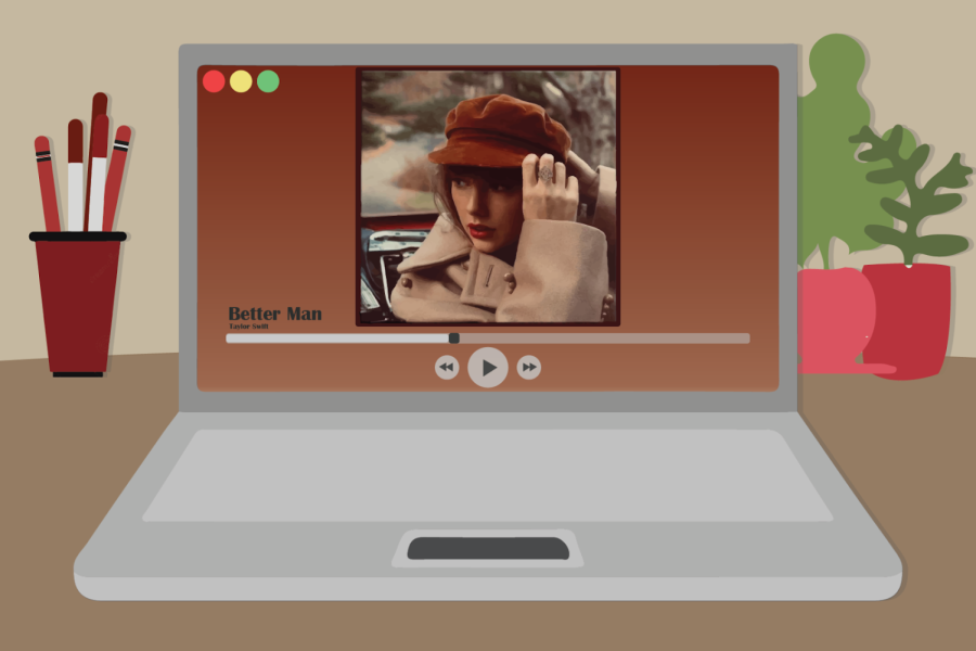 A laptop playing the song “Better Man” off Taylor Swift’s latest album, “Red (Taylor’s Version).”