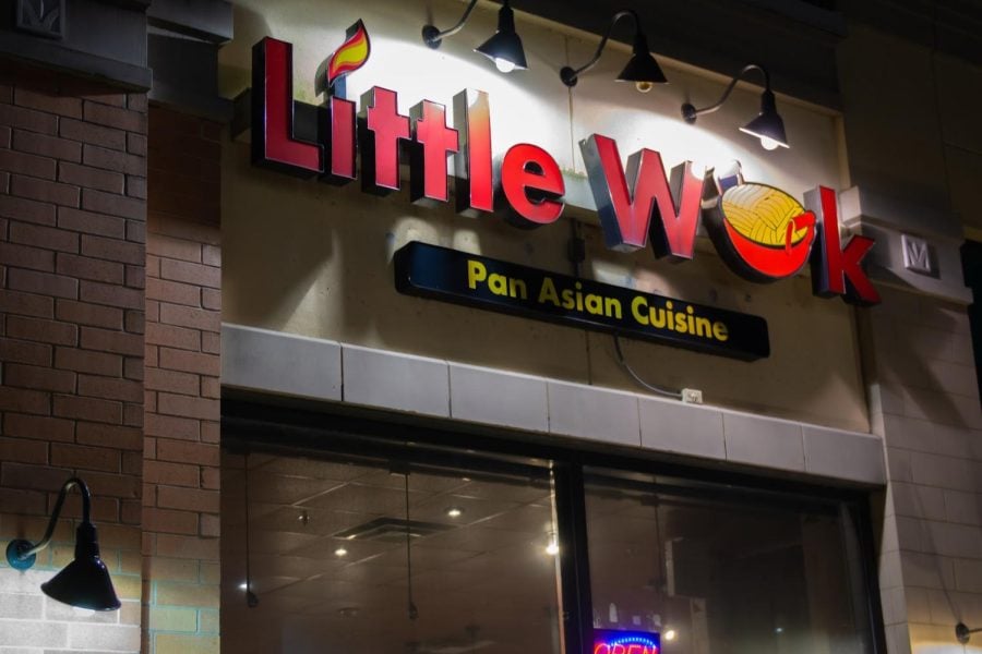 Little+Wok%E2%80%99s+Evanston+location.+Red+sign+with+words+%E2%80%9CLittle+Wok%E2%80%9D.+The+O+is+a+bowl+of+noodles+and+the+dot+above+the+i+is+a+flame.