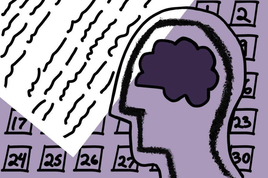 An illustration with a drawing of a lavender calendar and a piece of paper with writing on it in the background. In front is an outline of a person’s head with a purple brain inside.